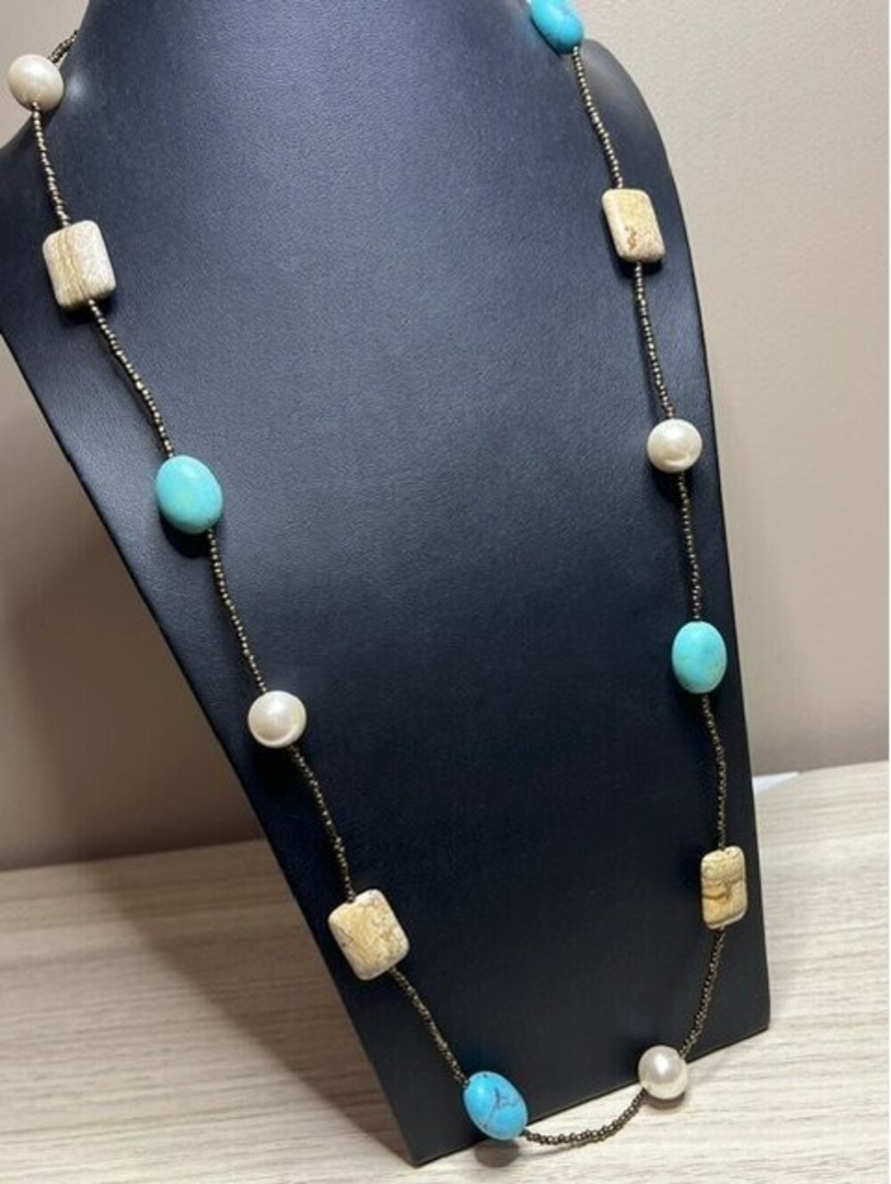 B7580 Lia Sophia Long Beaded Jasper Necklace  pearl Gold Tone  32"